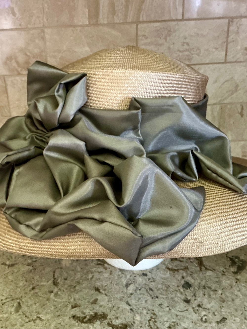 Lilliput Hats Toronto Custom Tan Straw Wide Brim Hat Sculptural Olive Ribbon
